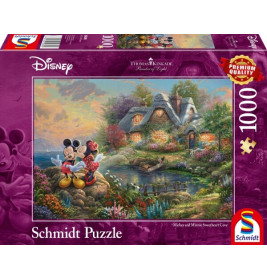 Schmidt-Puzzle mit 1000 Teilen: Mickey und Minnie Mouse im Garten neben einem Landhaus.