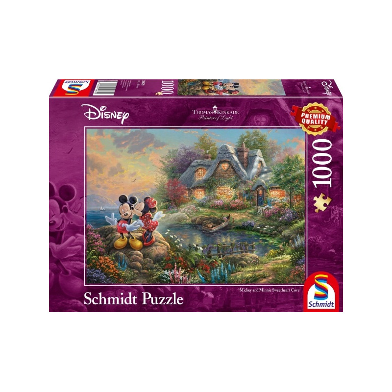 Schmidt-Puzzle mit 1000 Teilen: Mickey und Minnie Mouse im Garten neben einem Landhaus. Schmidt-Puzzle mit 1000 Teilen: Mickey und Minnie Mouse im Garten neben einem Landhaus.