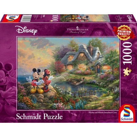 Schmidt-Puzzle mit 1000 Teilen: Mickey und Minnie Mouse im Garten neben einem Landhaus.