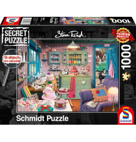 Schmidt Puzzle, 1000 Teile: Gemütliche Bäckerei mit Kuchen, Gebäck und nostalgischer Einrichtung auf der Box abgebildet.