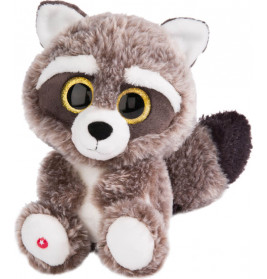 Plüschwaschbär mit großen gelben Augen, grau-weißem Fell und buschigem Schwanz sitzt aufrecht.