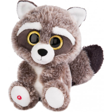 Plüschwaschbär mit großen gelben Augen, grau-weißem Fell und buschigem Schwanz sitzt aufrecht.