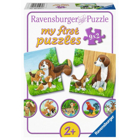 Puzzlebox ab 2 Jahren mit Cartoon-Tieren wie Hunden und Enten in bunten Outdoor-Szenen.