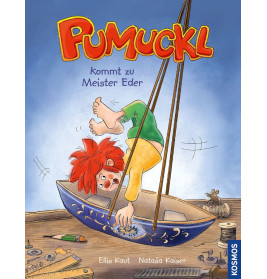 Eine rothaarige Cartoonfigur macht einen Handstand in einem Modellboot auf einer unordentlichen Werkbank.