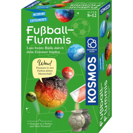 Deutsche Box für Kinder-Bouncyball-Set mit Fußballmotiv, bunten Bällen und Experimentgrafiken.