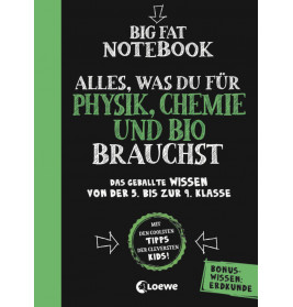 Deutsches Buchcover: Big Fat Notebook - Alles, was du für Physik, Chemie und Bio auf Tafel-Hintergrund brauchst.
