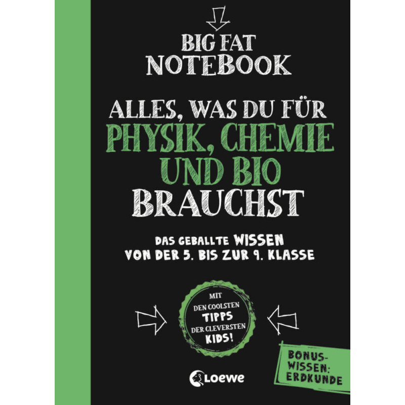 Deutsches Buchcover: Big Fat Notebook - Alles, was du für Physik, Chemie und Bio auf Tafel-Hintergrund brauchst. Deutsches Buchcover: Big Fat Notebook - Alles, was du für Physik, Chemie und Bio auf Tafel-Hintergrund brauchst.
