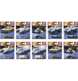 Zehn verpackte Hot Wheels-Autos mit verschiedenen Modellen und Designs liegen in zwei Reihen nebeneinander.