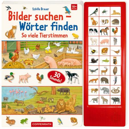 Kinderbuchcover mit gezeichneten Tieren und rotem Soundpanel, das Bilder verschiedener Tiere zeigt.