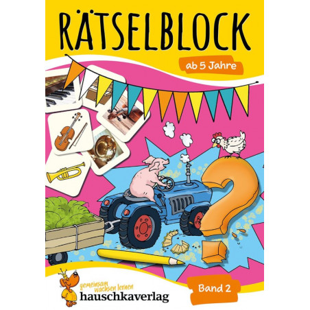 Farbiges deutsches Rätselbuch mit Schwein auf Traktor, Musikmotiven und großem orangenen Fragezeichen auf dem Cover.