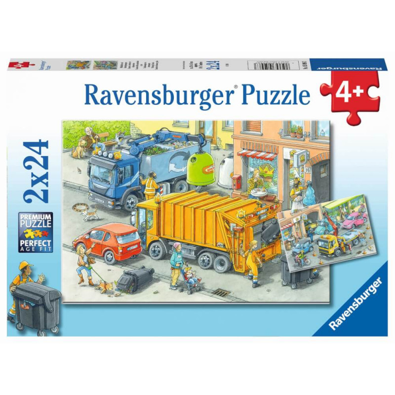Ravensburger Puzzlebox mit Cartoonmotiv: Müllwagen und Arbeiter sammeln Abfall in einer Stadt.