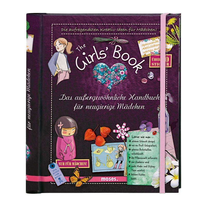 Lila Buch The Girls Book mit verspielten Grafiken, deutschem Text und pinkem Gummiband.