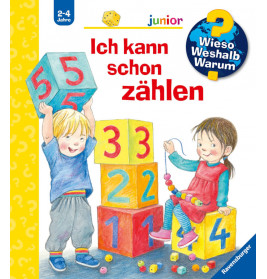 Zwei Kinder spielen mit bunten Zahlenblöcken, dazu der deutsche Text: Ich kann schon zählen.