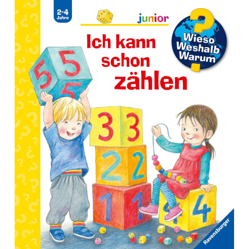 Zwei Kinder spielen mit bunten Zahlenblöcken, dazu der deutsche Text: Ich kann schon zählen.