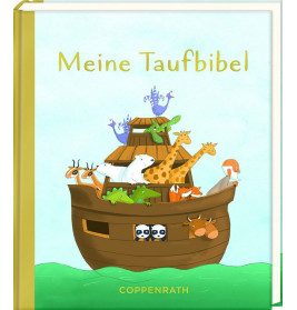 Kinderbuchcover mit Tieren auf der Arche Noah und dem Titel Meine Taufbibel.