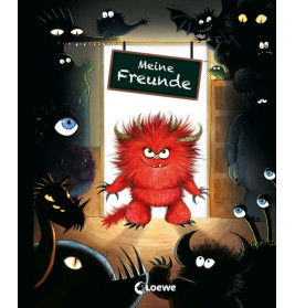 Rotes, zotteliges Monster steht an einer Tür, umgeben von dunklen Kreaturen Schild: Meine Freunde.