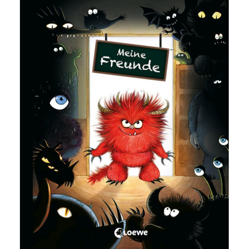 Rotes, zotteliges Monster steht an einer Tür, umgeben von dunklen Kreaturen Schild: Meine Freunde.