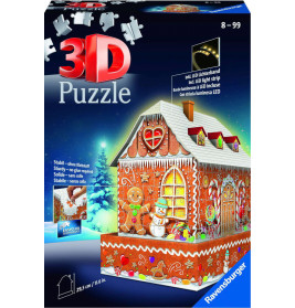 3D-Puzzlebox: Lebkuchenhaus mit Zuckerdeko, Schneemann und LED-Lichtern. Für Kinder und Erwachsene ab 8 Jahren.