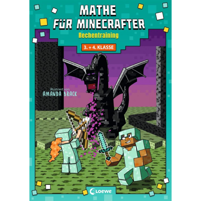 Zwei Minecraft-Charaktere kämpfen gegen einen Drachen auf dem Cover eines Mathebuchs für Klasse 3 und 4.