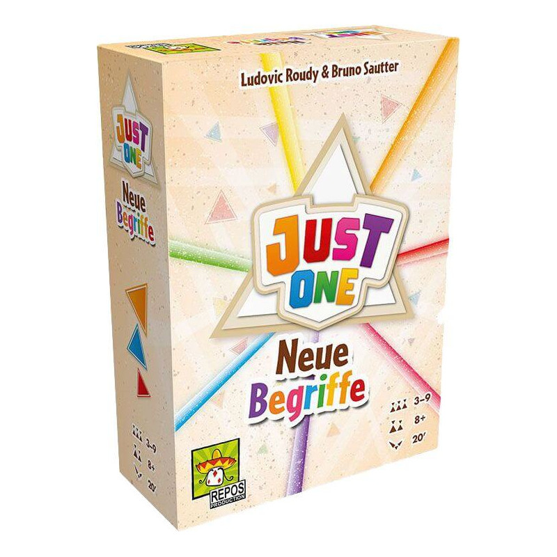 Spielbox Just One: Neue Begriffe mit bunten Linien und Stern auf der Vorderseite. Spielbox Just One: Neue Begriffe mit bunten Linien und Stern auf der Vorderseite.