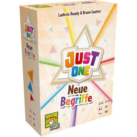 Spielbox Just One: Neue Begriffe mit bunten Linien und Stern auf der Vorderseite.