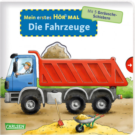 Ein illustrierter Kipper lädt Erde ab, ein Arbeiter fährt im Vordergrund steht eine Schubkarre.