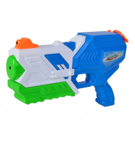 Blau-weiß-grüne Wasserpistole aus Kunststoff mit orangefarbener Düse und Abzug.