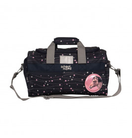 Schwarze Sporttasche mit pinken Sternen, grauen Trägern und rundem Pferdeaufnäher auf der Vorderseite.