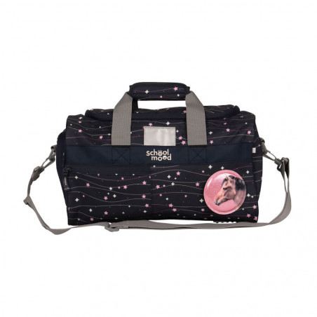 Schwarze Sporttasche mit pinken Sternen, grauen Trägern und rundem Pferdeaufnäher auf der Vorderseite.