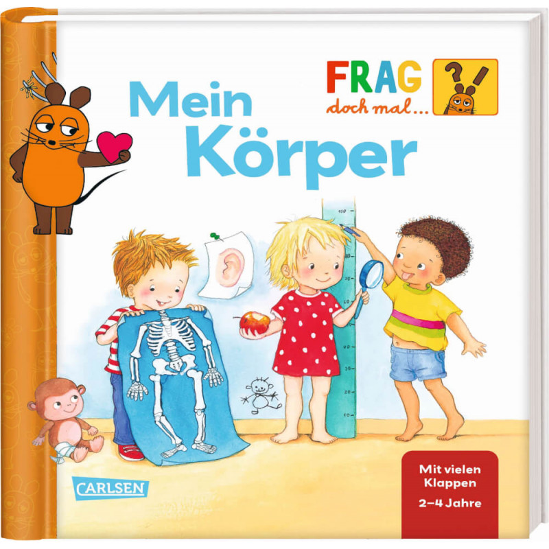 Buchcover: Drei Kinder erforschen Körperteile und Größe, links hält eine orange Maus freundlich ein Herz.