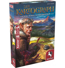 Die Spielbox von Der Kartograph zeigt einen alten Mann, der in einer bunten Fantasielandschaft eine Karte zeichnet.