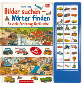 Kinderbuchcover mit Fahrzeugen und blauem Soundpanel mit Fahrzeugbildern und Tasten.