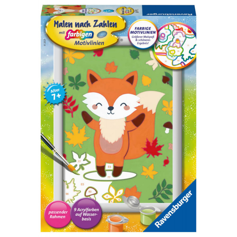 Malen-nach-Zahlen-Set mit süßem Fuchsmotiv, bunten Farbtöpfen und einem Pinsel auf der Verpackung. Malen-nach-Zahlen-Set mit süßem Fuchsmotiv, bunten Farbtöpfen und einem Pinsel auf der Verpackung.