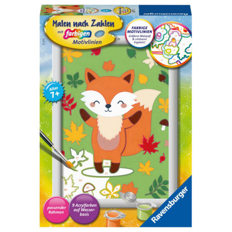 Malen-nach-Zahlen-Set mit süßem Fuchsmotiv, bunten Farbtöpfen und einem Pinsel auf der Verpackung.