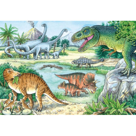 Bunte Illustration verschiedener Dinosaurier in prähistorischer Landschaft mit Bäumen, Vulkan und Teich.