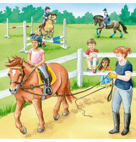 Kinder sehen ein Mädchen beim Ponyreiten auf dem Ravensburger 05129 Ein Tag auf dem Reiterhof Puzzle zu.