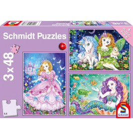 Schmidt Spiele 56376 3x48 Teile Prinzessin, Fee & Meerjungfrau