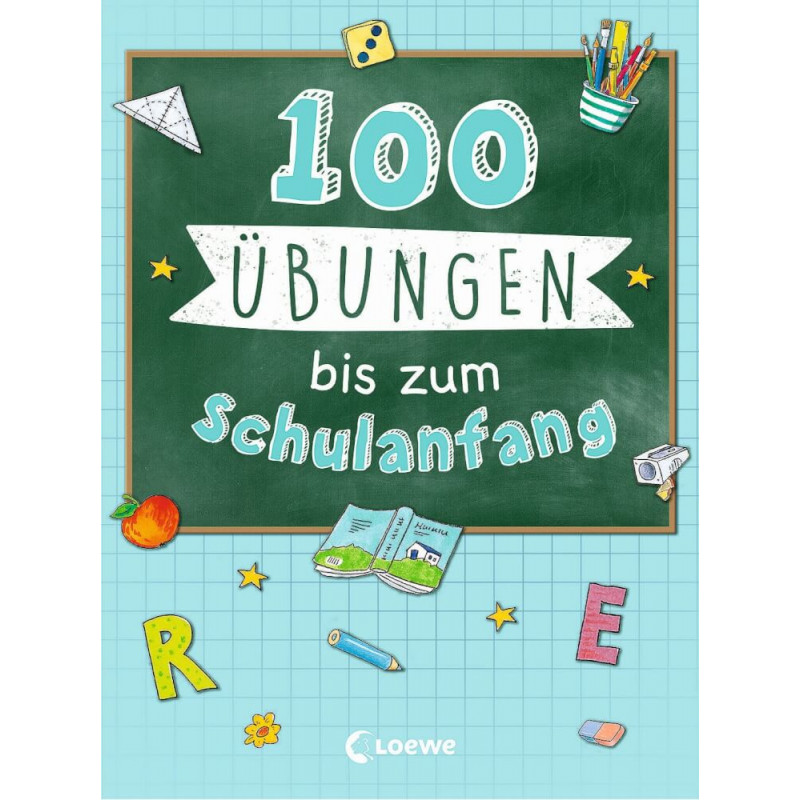 Tafel mit Schriftzug 100 Übungen bis zum Schulanfang und Illustrationen mit Schulmotiven außen herum.