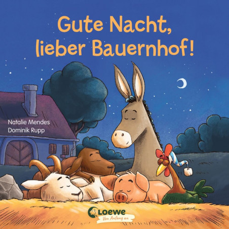 Esel, Ziege, Schwein und Hund schlafen gemeinsam auf Heu unter dem Nachthimmel. Text: Gute Nacht, lieber Bauernhof!.