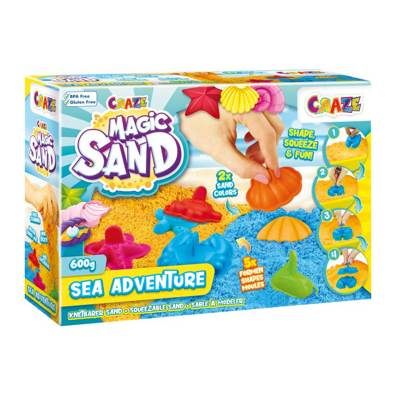 Bunte Magic Sand Sea Adventure Spielset-Box mit blauen, gelben und orangen Formen und Sand auf der Verpackung. Bunte Magic Sand Sea Adventure Spielset-Box mit blauen, gelben und orangen Formen und Sand auf der Verpackung.
