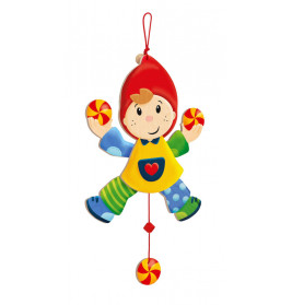 Bunter Holzclown mit rotem Hut hält rote und gelbe Kugeln, unten befindet sich eine Ziehschnur.