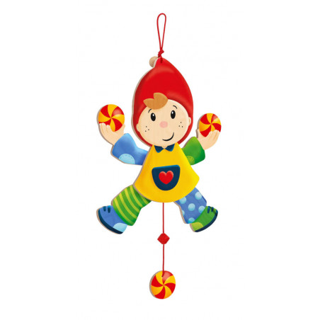 Bunter Holzclown mit rotem Hut hält rote und gelbe Kugeln, unten befindet sich eine Ziehschnur.