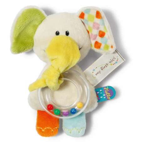 Plüsch-Elefant als Babyspielzeug mit bunten Ohren, Füßen und einem durchsichtigen Rasselring mit kleinen Perlen.