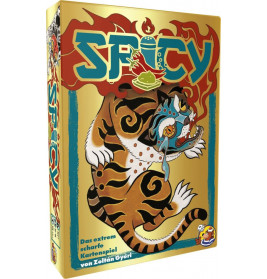 Bunte Spielschachtel von Spicy mit stilisiertem Tiger und auffälligem, feurigem Schriftzug.