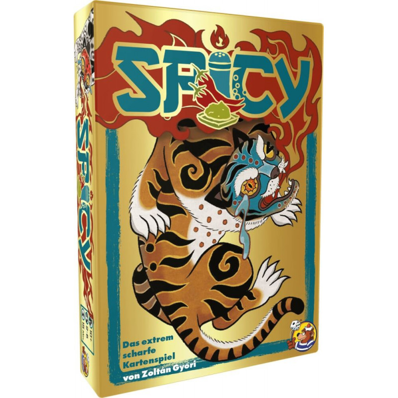 Bunte Spielschachtel von Spicy mit stilisiertem Tiger und auffälligem, feurigem Schriftzug. Bunte Spielschachtel von Spicy mit stilisiertem Tiger und auffälligem, feurigem Schriftzug.