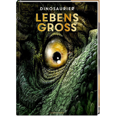 Nahaufnahme eines Dinosaurierauges mit dem deutschen Buchtitel DINOSAURIER LEBENSGROSS auf dem Umschlag. Nahaufnahme eines Dinosaurierauges mit dem deutschen Buchtitel DINOSAURIER LEBENSGROSS auf dem Umschlag.