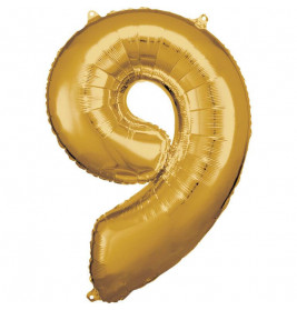 Grosse Zahl 9 Gold Folienballon, incl. Helium, 63x 86 cm