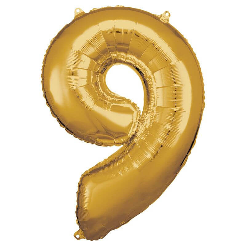 Grosse Zahl 9 Gold Folienballon, incl. Helium, 63x 86 cm