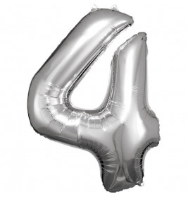 Grosse Zahl 4 Silber Folienballon, incl. Helium, 66x88cm