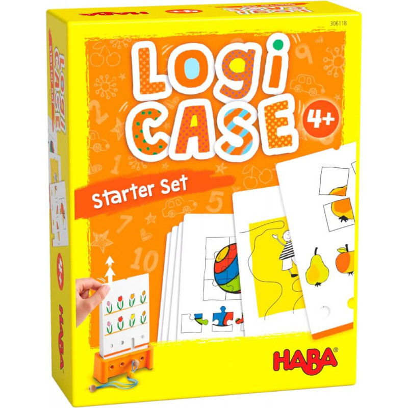Gelbe HABA LogiCASE Starterbox mit Rätselkarten, Spielfigur in Hand, geeignet für Kinder ab 4 Jahren. Gelbe HABA LogiCASE Starterbox mit Rätselkarten, Spielfigur in Hand, geeignet für Kinder ab 4 Jahren.